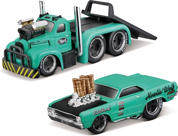 Maisto Muscle transports Mack B-61 flatbed ar Dodge Dart HEMI gasser 1:64