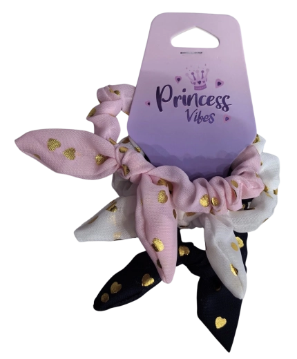 PINK matu gumiju (scrunchie) komplekts ar bantēm un zelta sirsniņām - 3 gab.