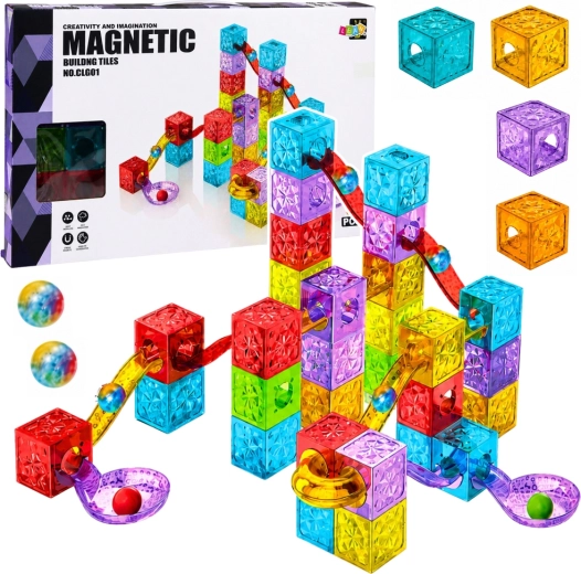 Magnetic building blocks with marble run, colorful 60 pieces