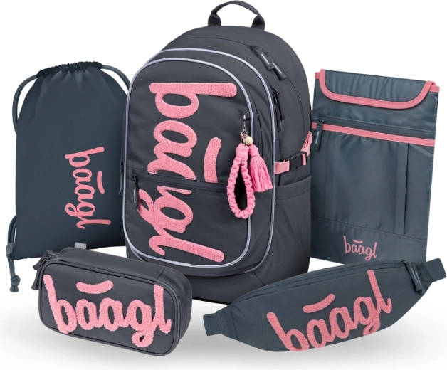BAAGL Core Logo Pink Set – backpack, pencil case, gym sack, waist bag, and laptop sleeve (GRS)