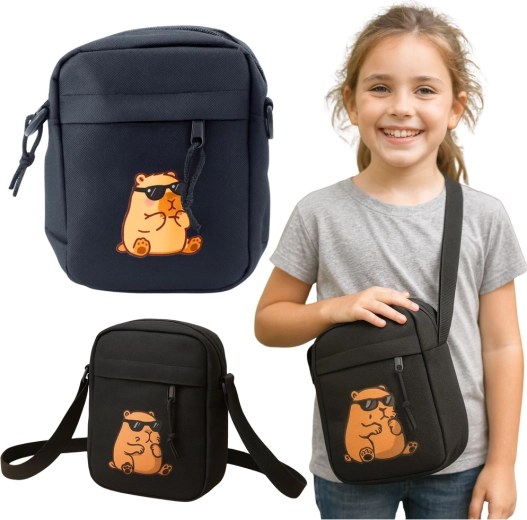 Bērnu crossbody soma ar kapibaru, regulējama siksna, melna 19,5 × 14 cm