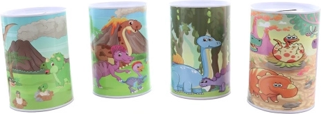 Metal money box with dinosaur motif