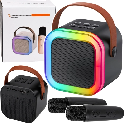 Bezvadu karaoke komplekts K12 – Bluetooth skaļrunis ar diviem mikrofoniem un LED gaismām (melns)