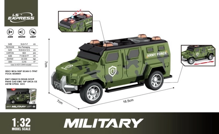 Militārā automašīna ar gaismas un skaņas efektiem 16,5 cm
