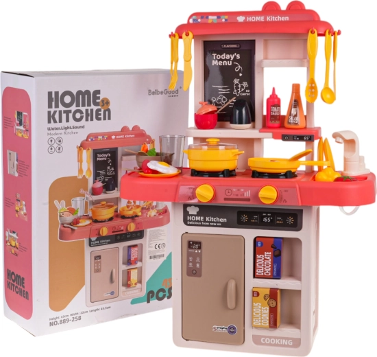 Kids’ Play Kitchen with Lights and Sounds, 43 Pieces – Pink
