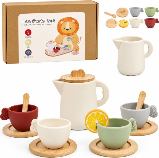 Children's wooden tea set with teapot and tray