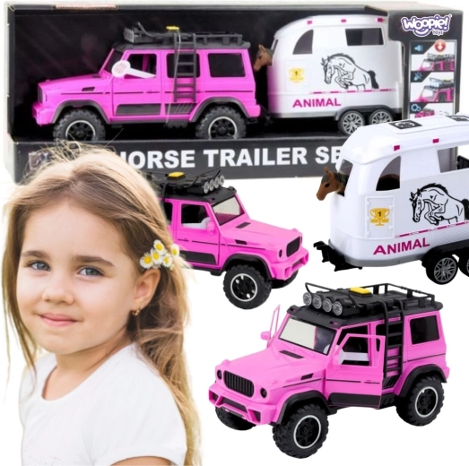 Woopie pink off-road vehicle with horse trailer and horse figurine