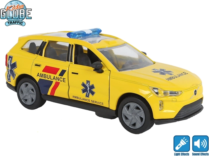 Kids Globe Traffic metāla ātrā palīdzība Volvo EX90 ar atpakaļvilkšanas piedziņu, gaismu un skaņu 13,5 cm