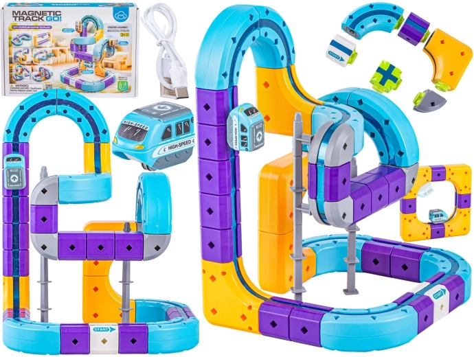 Magnetic track with a descent and train – construction set, 54 pieces