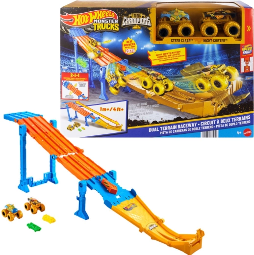 Hot Wheels monster trucki 2v1 sacīkšu trase Dual Terrain Raceway + 2 monster trucki