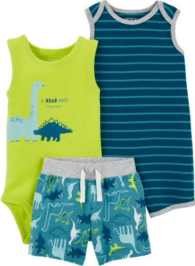Carter's vasaras komplekts zēniem Stripes Dinos – rāpulītis ar īsām piedurknēm, bodijs bez piedurknēm un šorti (3 daļas) – NB / izm. S 5
