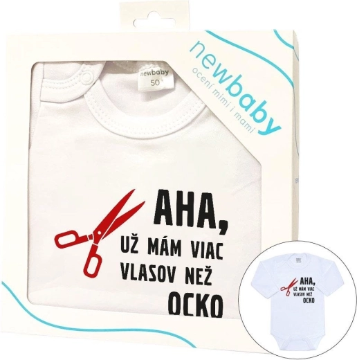 Baby bodysuit with print New Baby more hair than dad – gift box, long sleeve (size 86, 12–18 months)