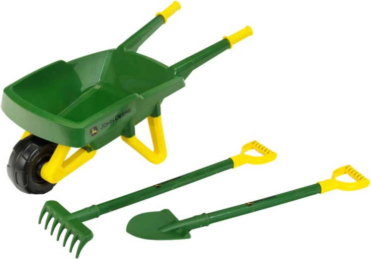 Bērnu dārza komplekts John Deere ar ķerru, lāpstu un grābekli