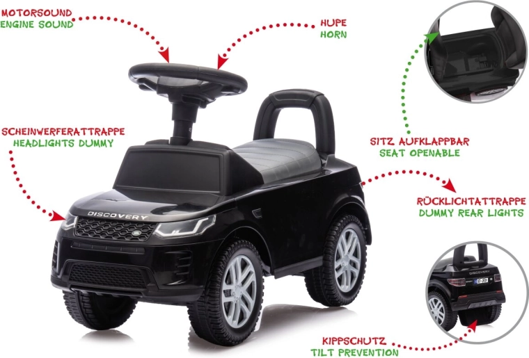 Bērnu braucamais un staigulītis Land Rover Discovery melnā krāsā, 2 vienā