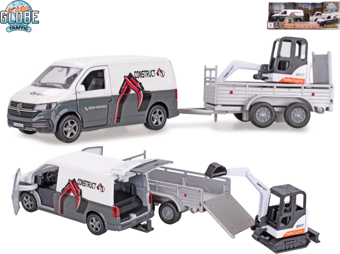 Kids Globe Traffic VW Transporter ar piekabi un mini ekskavatoru