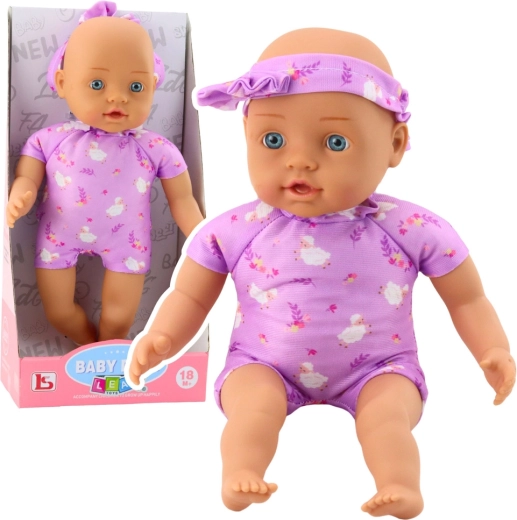 Auduma zīdaiņa lelle violetā bodijā ar bantīti, 31 cm