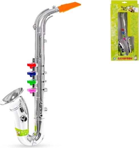 Bērnu saksofons 38 cm – sudrabains plastmasas instruments ar 4 krāsainām taustiņklapām