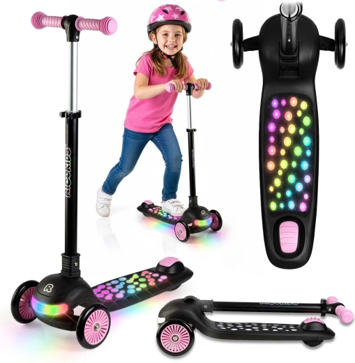 Bērnu trīsriteņu balansējošais skrejritenis ar LED apgaismojumu Ricokids Glowi – melni rozā