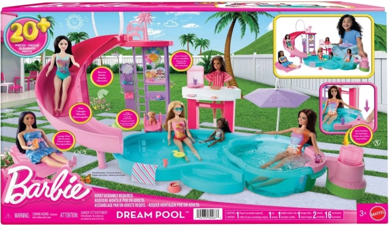 Barbie sapņu baseins – rotaļu komplekts ar slidkalniņu, burbuļvannu un uzkodu bāru