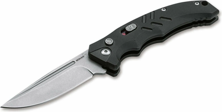 Böker Plus Intention II Black automātisks taktiskais nazis 8 cm ar stonewash apdari un G10 rokturi