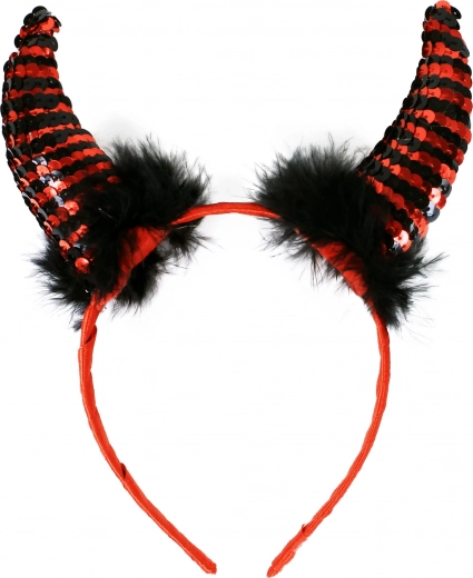 Devil horns with sequins and feathers on a satin headband