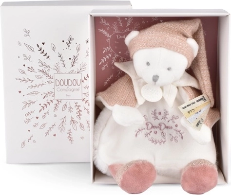 Doudou dāvanu komplekts – plīša mīļmantiņa lācītis ar rozā cepurīti 25 cm