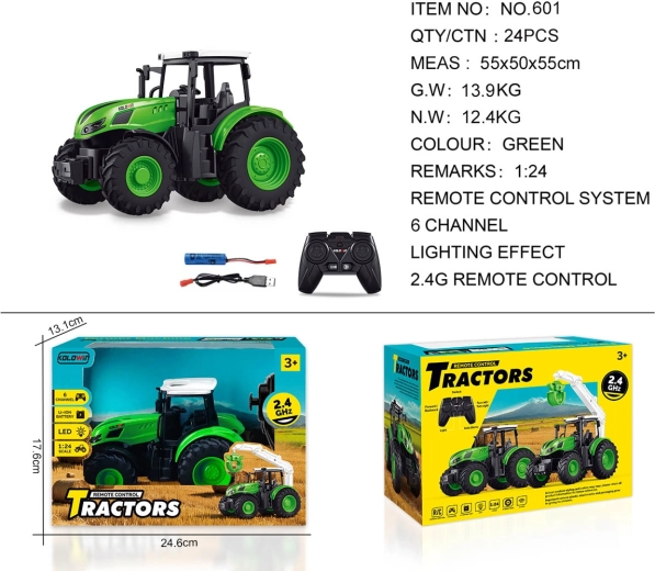 Zaļš tālvadības traktors 1:24