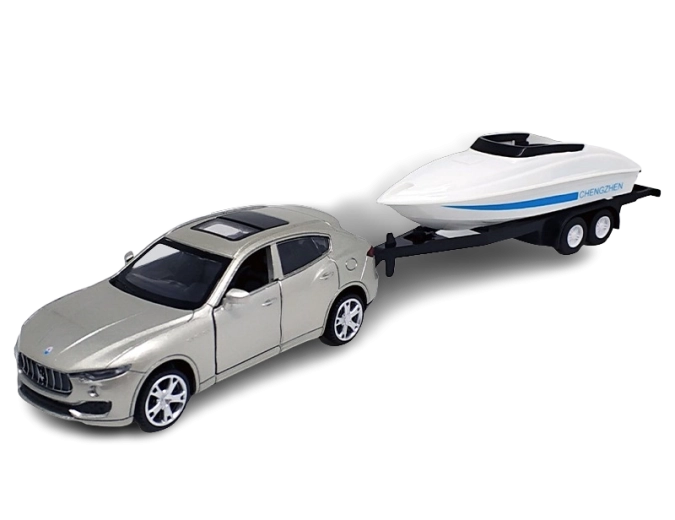 Metāla modelis Maserati Levante SUV ar laivas piekabi 1:43