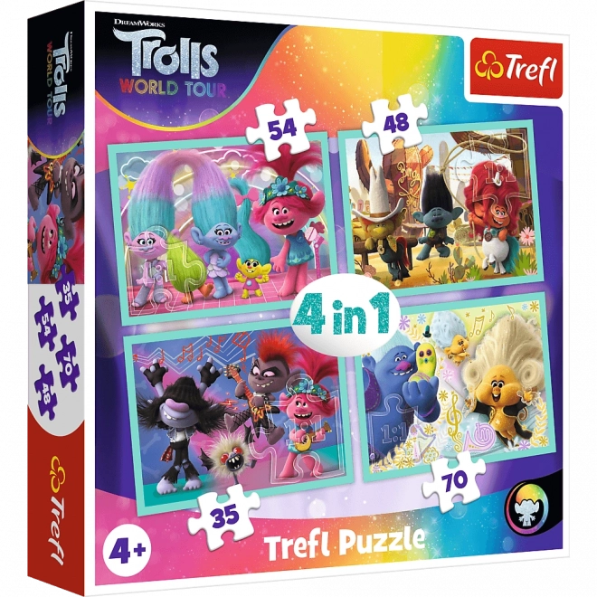 Puzle TREFL Troļļi 2: Pasaules tūre 4in1 (35, 48, 54, 70 detaļas)