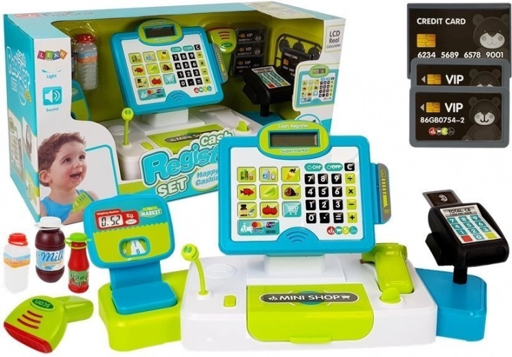 Bērnu kases aparāts ar skārienpaneli, svariem, skeneri un maksājumu termināli