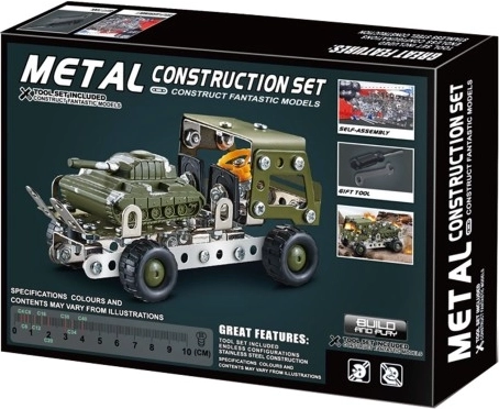 Metāla konstruktors Militārais auto ar tanku
