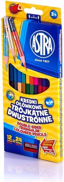 Trīsstūra divpusēji krāsainie zīmuļi ASTRA, 24 krāsas, 12 gab.