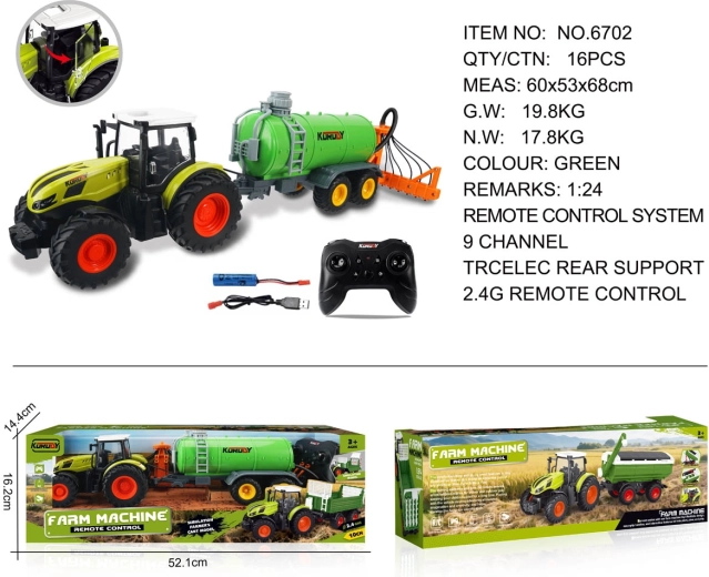 Tālvadības traktors ar zaļu cisternas piekabi un siena grābekli 1:24