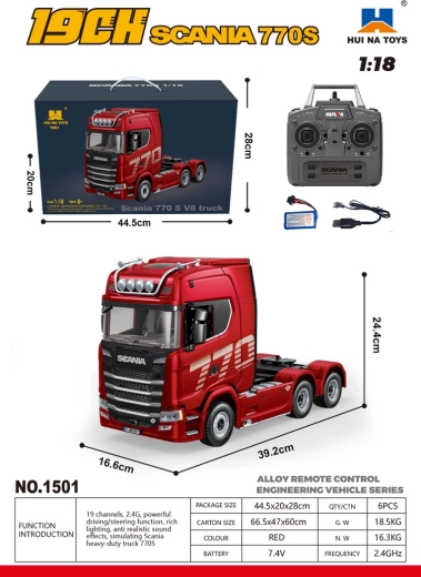 Ar tālvadības pulti vadāms kravas automobilis SCANIA 770S 1:18, sarkans