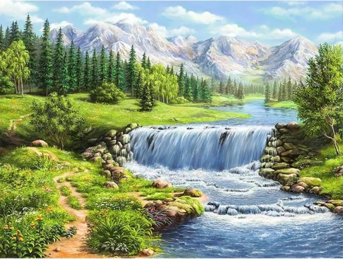 Dimantu gleznošana “Upe kalnos” 30 × 40 cm