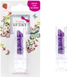 Bērnu lūpu balzams Lukky ar spīdumiem, zemeņu garša, violets tonis