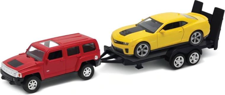 Welly autovedējs Hummer H3 ar piekabi un Chevrolet Camaro ZL1 1:34