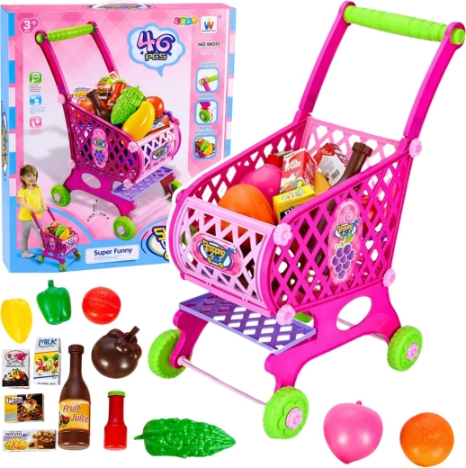 Rozā bērnu iepirkumu ratiņi ar pārtikas produktiem, 46 daļas, 52 cm
