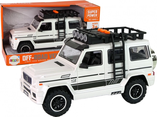 White battery-powered off-road car with lights and sounds