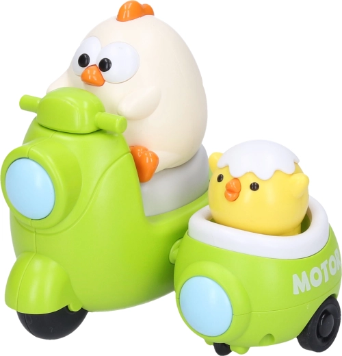 Uzvelkama rotaļlieta „Vistiņa un cālītis uz motocikla” 9,5 cm – 1 gab.