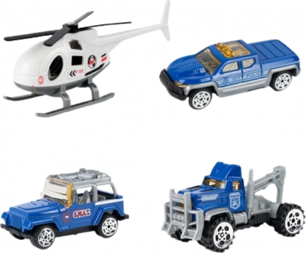 Transportlīdzekļi un helikopters komplektā