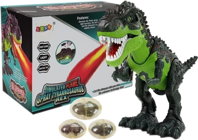 Interaktīvs dinozaurs T‑Rex ar baterijām – dēj olas un izpūš tvaiku, zaļš