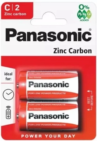 Cinka-ogļu baterijas PANASONIC R14 (C), 1,5 V, 2 gab.