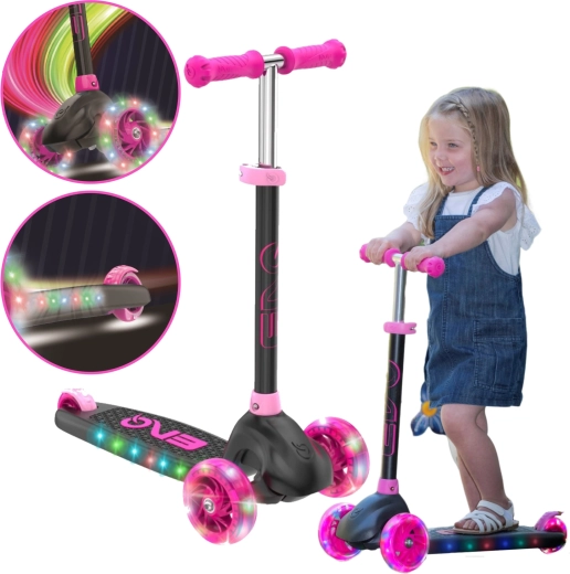 EVO Eclipse kids' three-wheel scooter with LED wheels and illuminated deck – pink