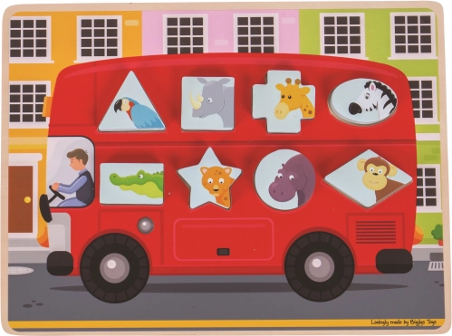 Bigjigs Toys ieliekamā koka puzle autobuss ar dzīvniekiem
