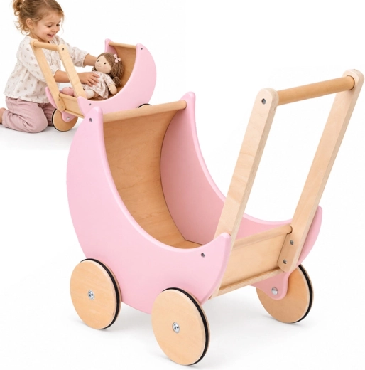 Wooden retro doll pram in powder pink