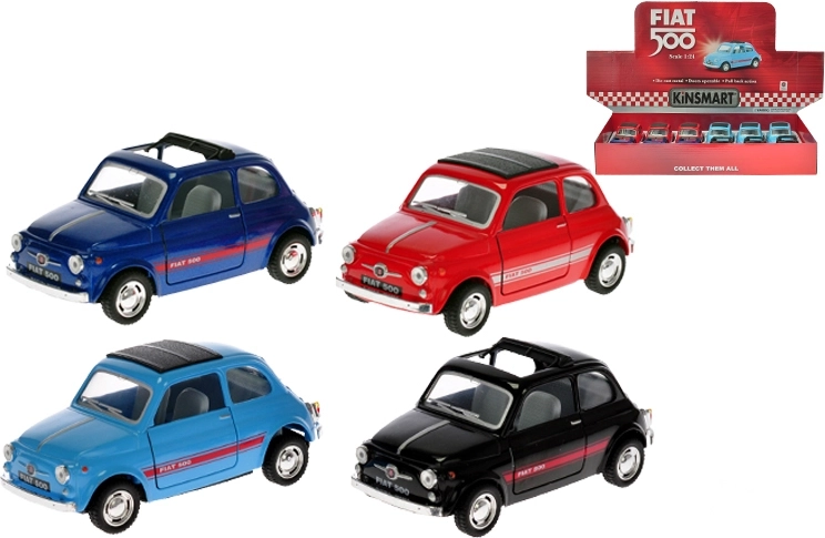 Metāla FIAT 500 auto modelis 1:24 ar atvilkšanas mehānismu