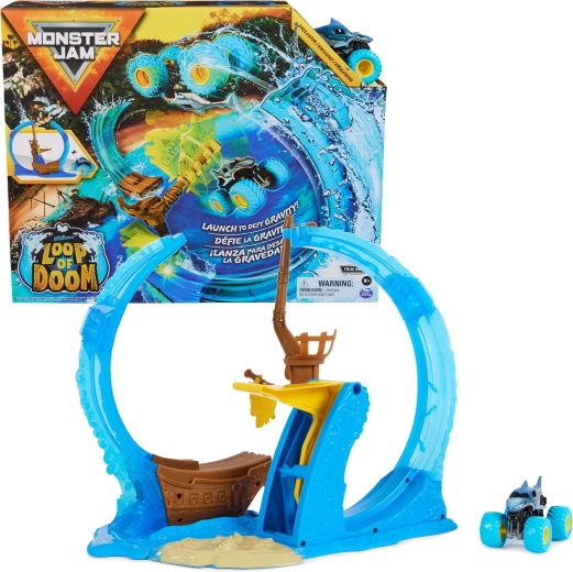 Monster Jam Megalodon Loop of Doom kaskadieru trase ar palaidēju un auto 1:64