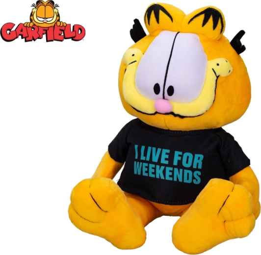 Plīša runcis GARFIELDS 24 cm – sēdošs, krekliņš "I live for weekends"