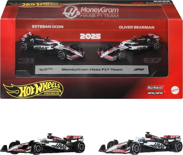 Hot Wheels Premium Formula 1 MoneyGram Haas komplekts ar 2 metāla F1 modeļiem Ocon un Bearman